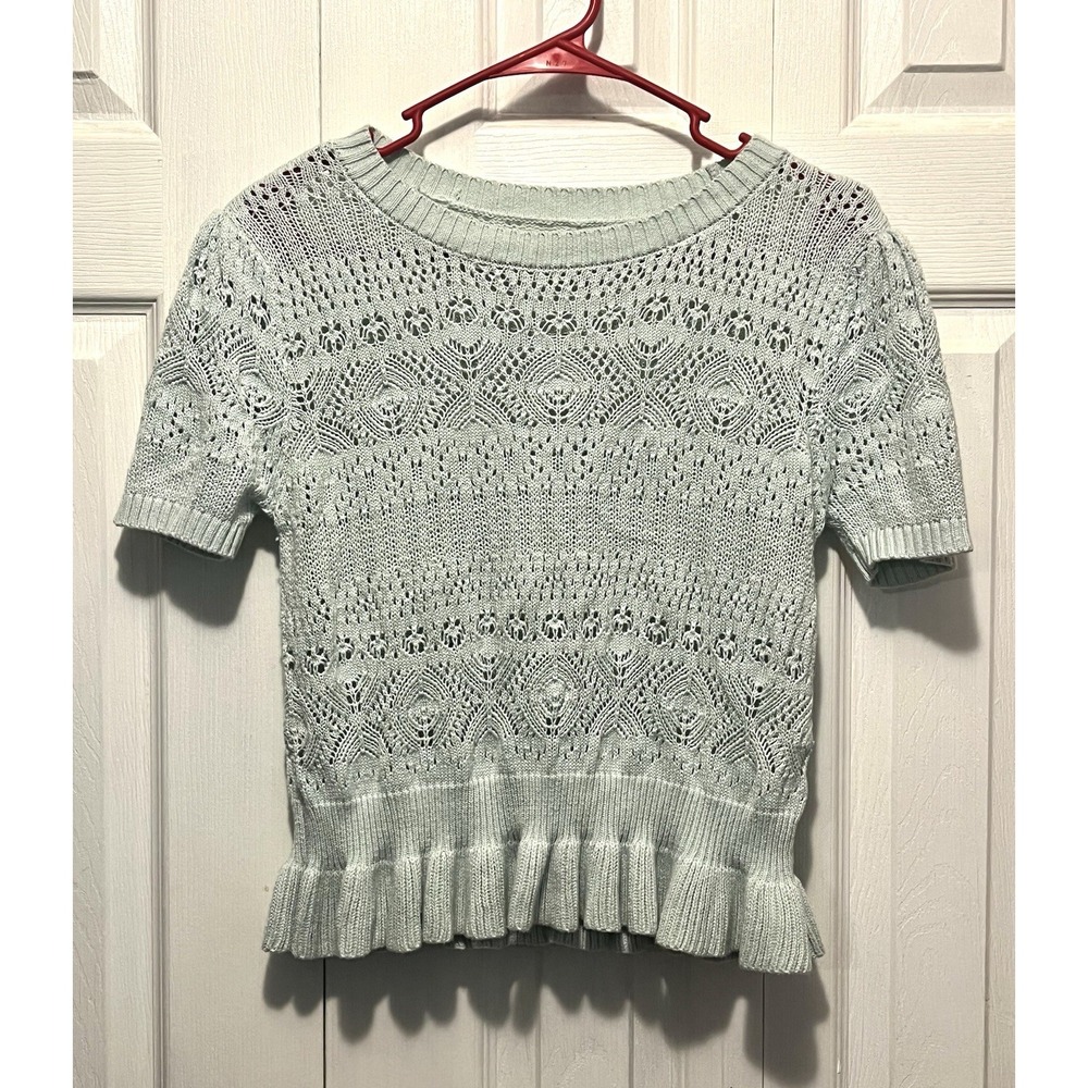 LC Coquette Cottagecore Crochet XL Short Sleeve Ruffle Hem Top Mint Green Blue